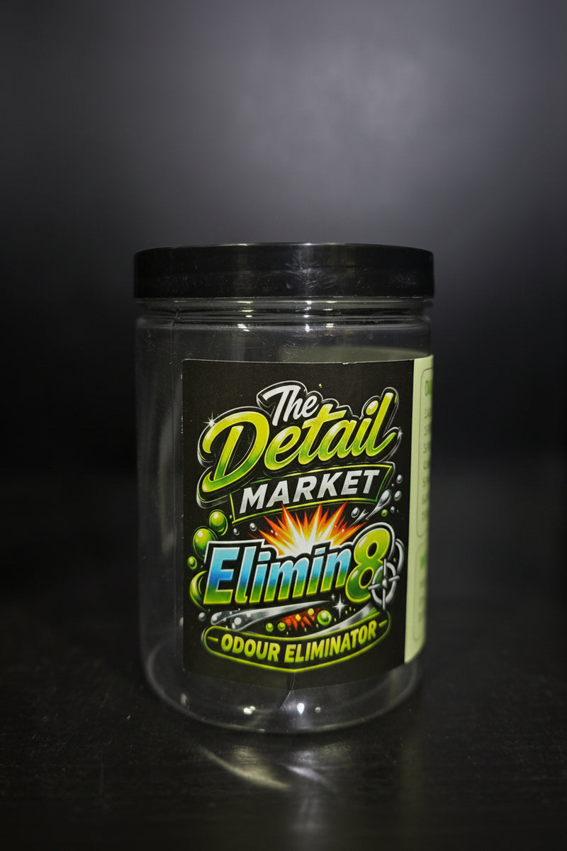 Clear container with a black lid labeled 'The Detail Market Elimin8 Odour Eliminator' on a dark background