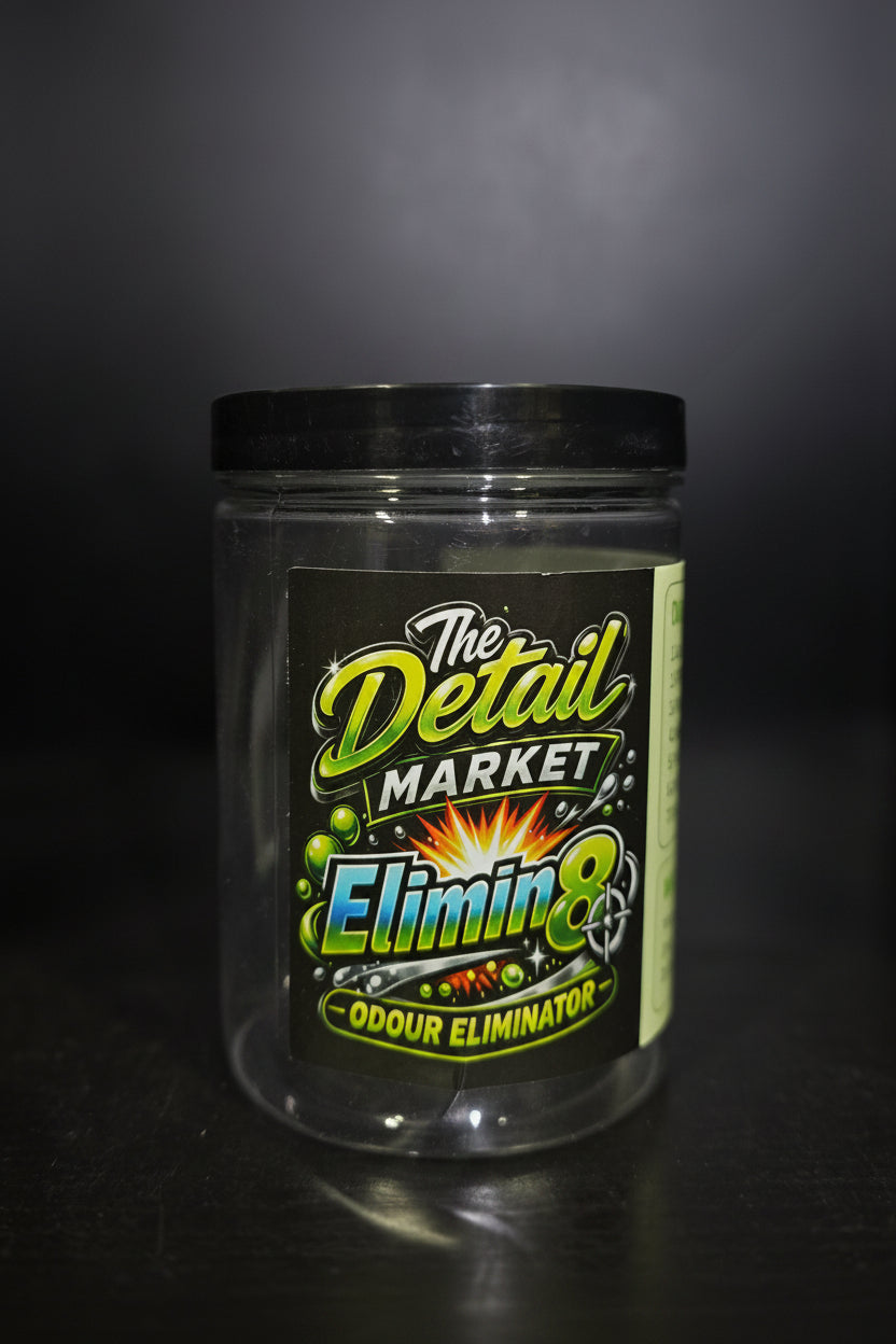 Clear container with a black lid labeled 'The Detail Market Elimin8 Odour Eliminator' on a dark background